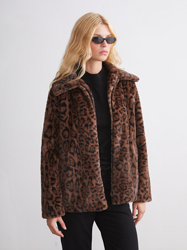 XSIDE Jacket Neck Leopard Print Women's Faux Fur Overcoat