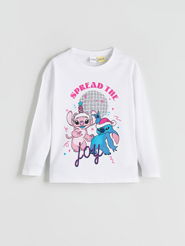LCW Kids Bisiklet Yaka Stitch ve Angel Baskılı Kız Çocuk Pijama Üst
