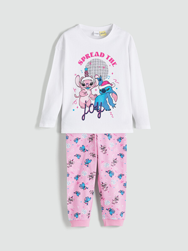 LCW Kids Crew Neck Stitch Printed Girls' Pyjamas Set