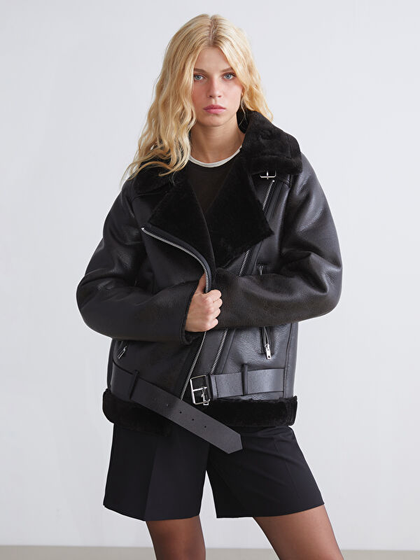 XSIDE Pelüş Biker Yaka Kadın Deri Görünümlü Mont