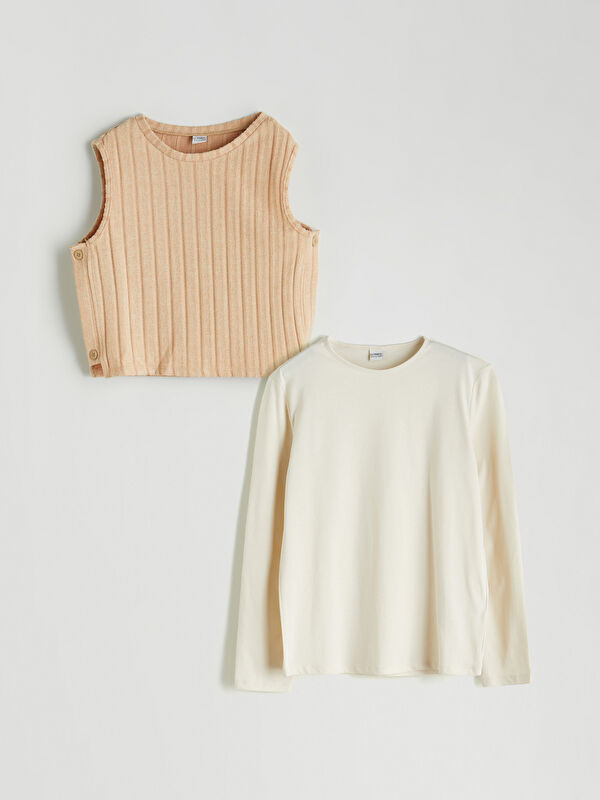 LCW Kids Ensemble T-Shirt et Pull pour Filles à Col Rond (Lot de 2)