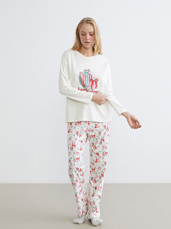 LCW DREAM Bisiklet Yaka Baskılı Kadın Pijama Takımı