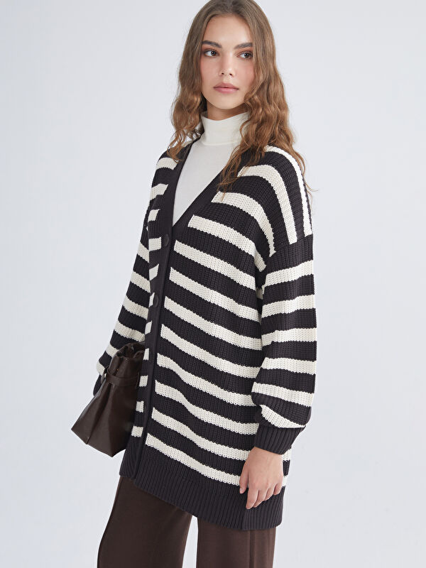 LCW Modest V Neck Striped Women's Knitwear Cardigan