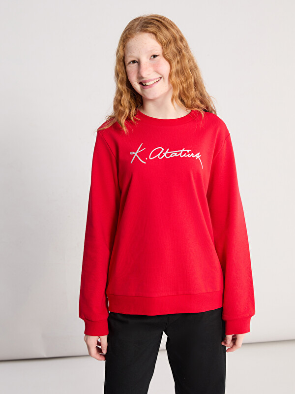 LCW Kids Bisiklet Yaka Atatürk İmza Baskılı Kız Çocuk Sweatshirt