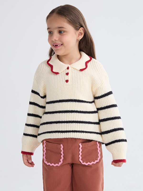 LCW Kids Polo Yaka Çizgili Kız Çocuk Triko Kazak