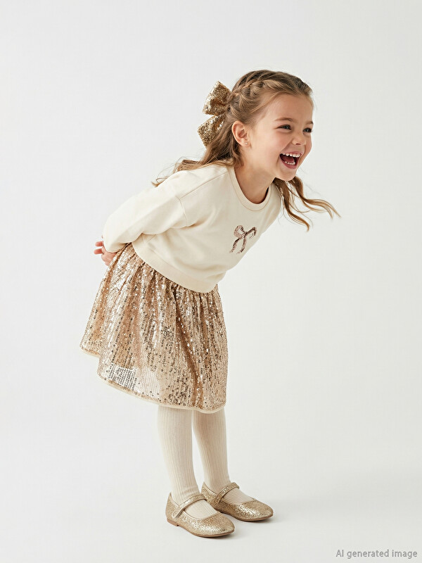 LCW Kids Қыздарға арналған дөңгелек жағалы жылтыр көйлек