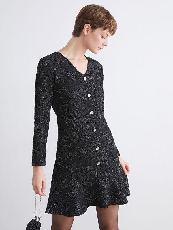 LCWAIKIKI Classic V-Ausschnitt Glänzender Look Gekräuseltes Tweed Mini Kleid
