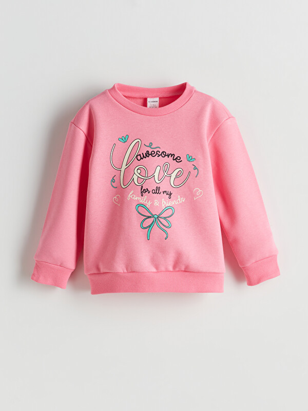 LCW Kids Bisiklet Yaka Yazı Baskılı Kız Çocuk Sweatshirt