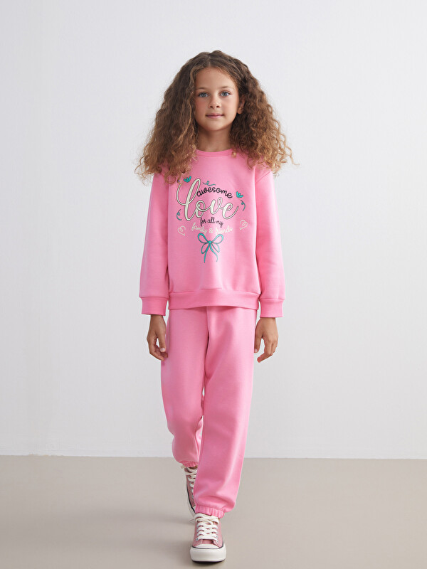 LCW Kids Baskılı Kız Çocuk Kalın Sweatshirt ve Eşofman Alt 2'li