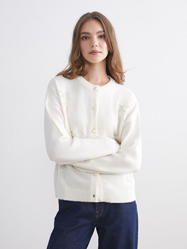 LCW Modest Crew Neck Beaded Women's Knit Cardigan