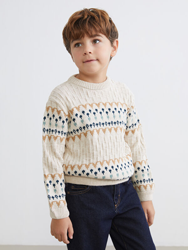 LCW Kids Bisiklet Yaka Desenli Erkek Çocuk Triko Kazak