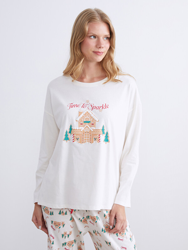 LCW DREAM Bisiklet Yaka Yılbaşı Temalı Kadın Pijama Üstü