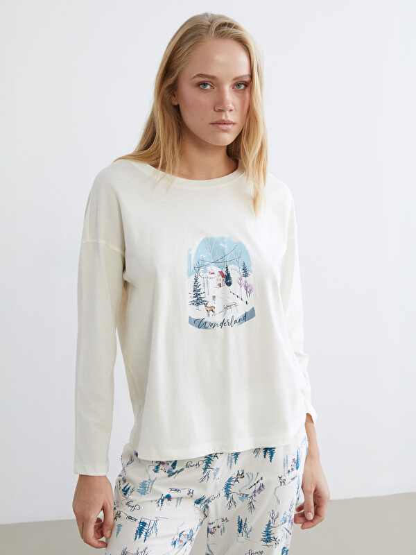 LCW DREAM Bisiklet Yaka Yılbaşı Temalı Kadın Pijama Takımı