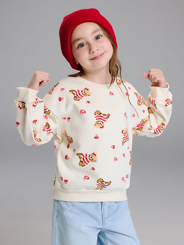 LCW Kids Bisiklet Yaka Baskılı Kız Çocuk Kalın Sweatshirt