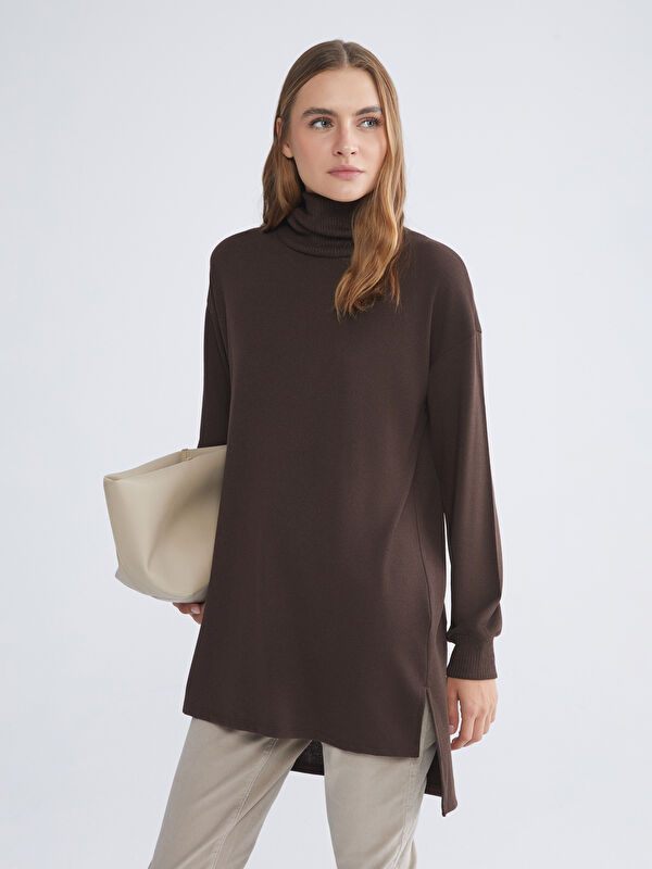 LCWAIKIKI Basic Kahverengi Balıkçı Yaka Oversize Kadın Tunik