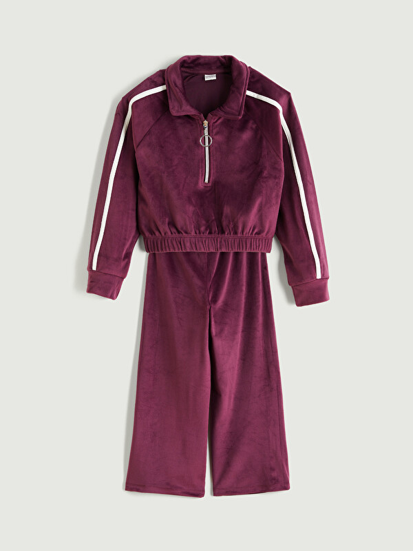 LCW Kids Polo Neck Velvet Girls' Sweatshirt and Sweatpants