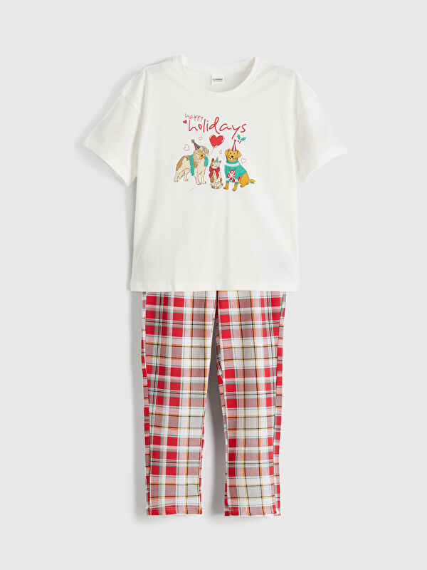 LCW Kids Crew Neck New Year Themed Girls' Pyjama Set