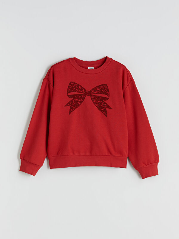 LCW Kids Bisiklet Yaka Fiyonk Baskılı Kız Çocuk Sweatshirt