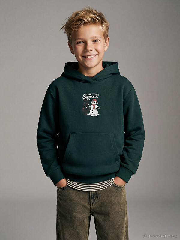 LCW Kids Hooded New Year Themed Boys' Thick Sweatshirt