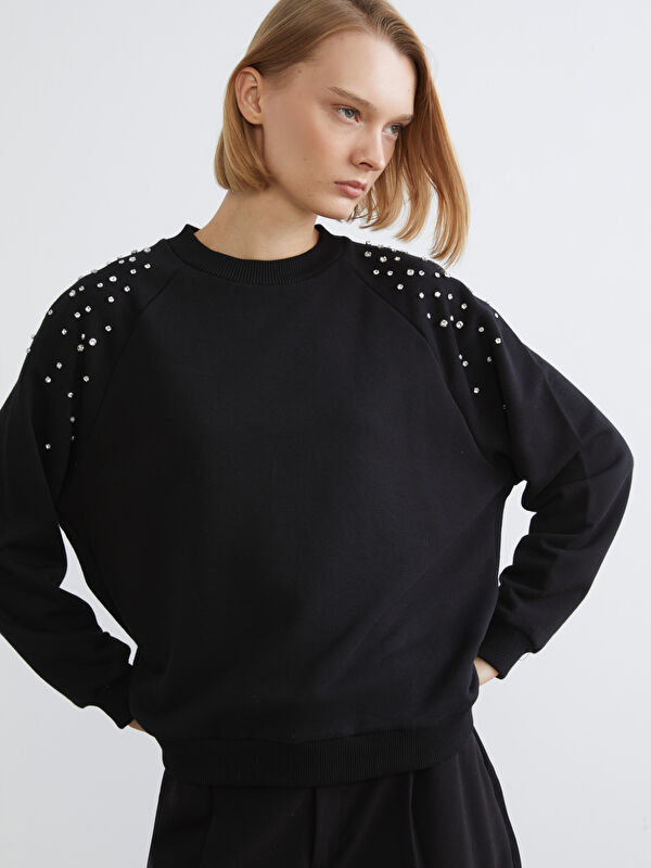 LCW Vision Crew Neck Rhinestone Embellished Oversize Women's Sweatshirt