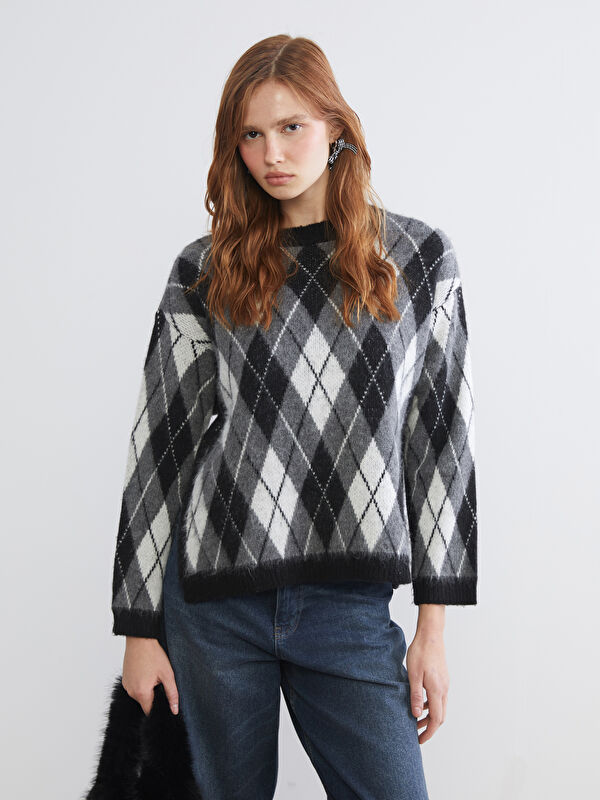 XSIDE Argyle Pattern Oversize Women's Knitwear Sweater