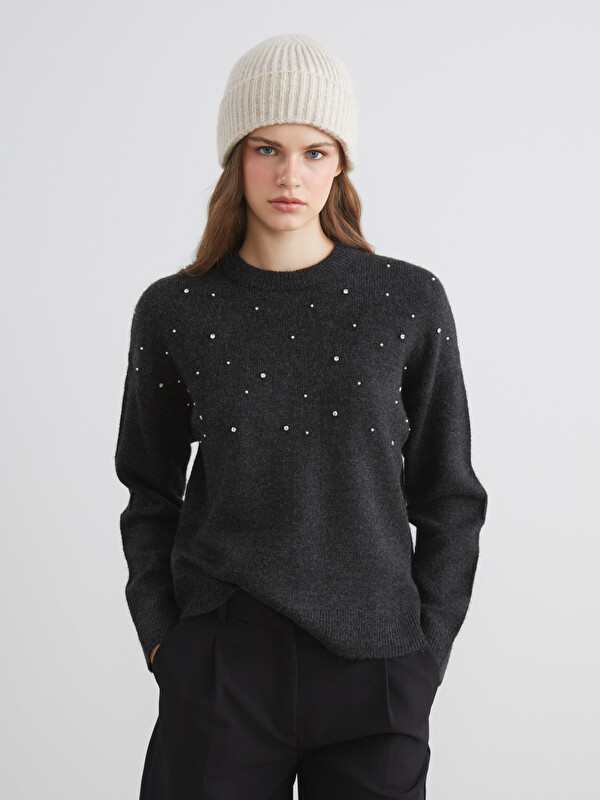 XSIDE Crew Neck Rhinestone Embellished Oversize Women's Knitwear Sweater