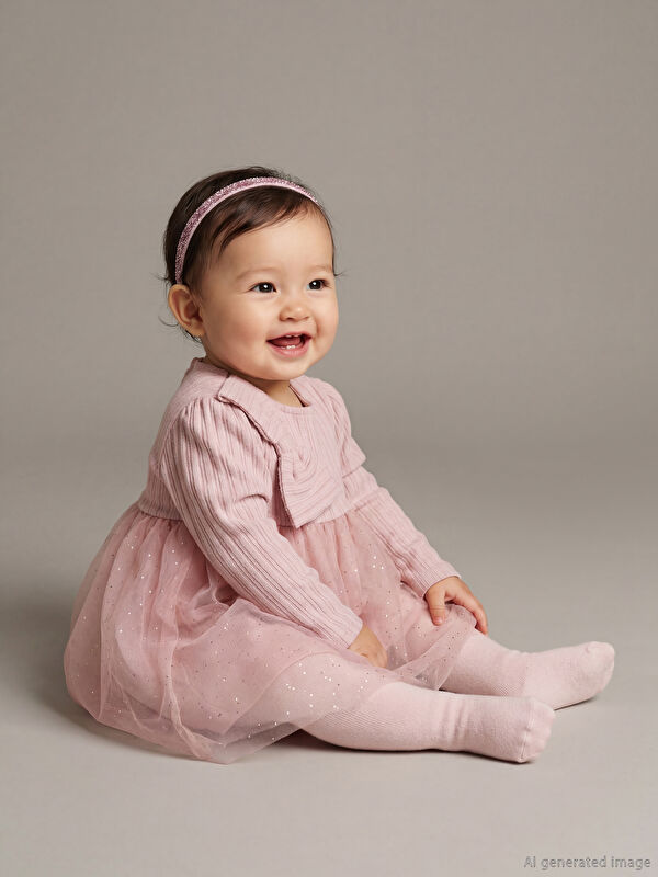 LCW baby Bisiklet Yaka Uzun Kollu Kız Bebek Tütü Elbise