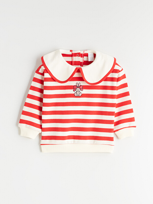 LCW baby Bebe Yaka Nakışlı Kız Bebek Sweatshirt