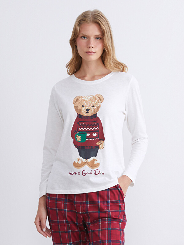 LCW DREAM Bisiklet Yaka Ayı Teddy Baskılı Kadın Pijama Üstü