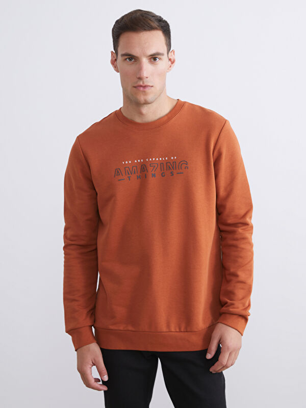 LCWAIKIKI Classic Bisiklet Yaka Baskılı Erkek Kalın Sweatshirt