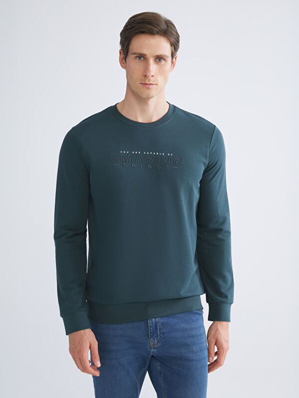 LCWAIKIKI Classic Bisiklet Yaka Baskılı Erkek Kalın Sweatshirt