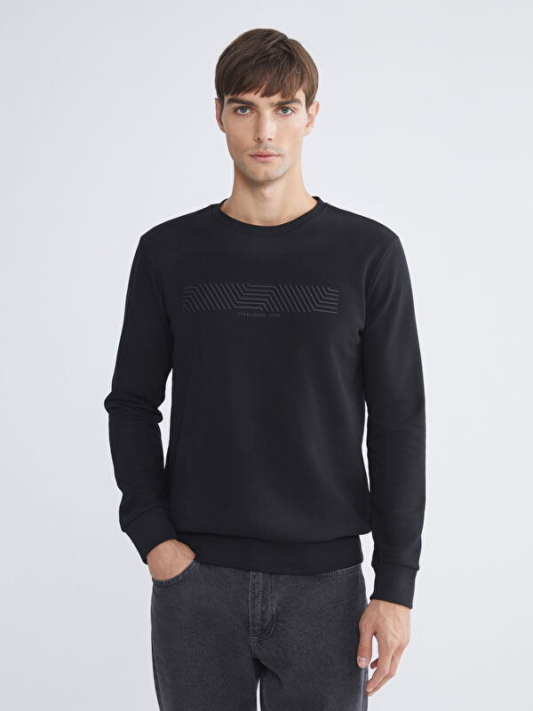 LCWAIKIKI Classic Bisiklet Yaka Baskılı Erkek Kalın Sweatshirt