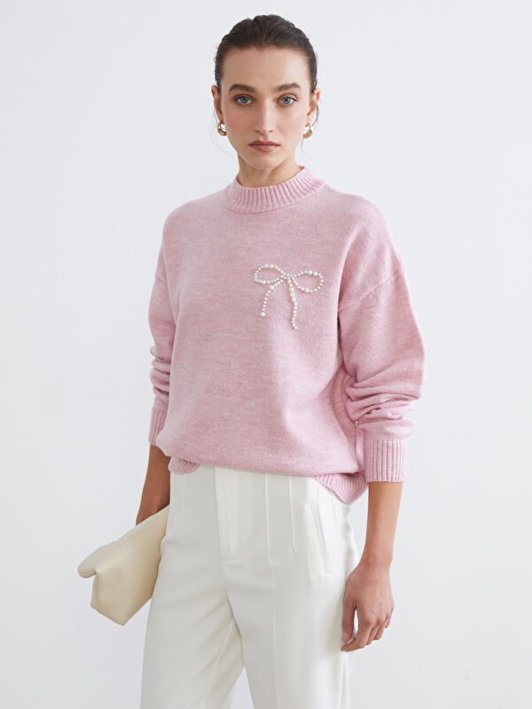LCW Comfort Trichterkragen Verzierter Strickpullover für Damen