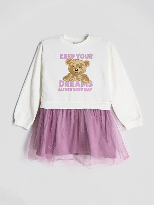 LCW Kids Robe pour Filles à Col Rond Imprimé Ours Teddy
