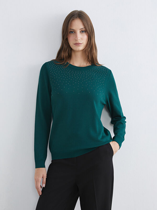LCWAIKIKI Classic Crew Neck Rhinestone Embellished Women's Knit Sweater