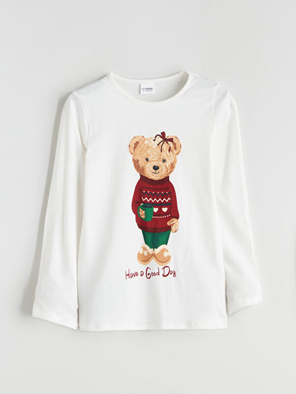 LCW Kids Bisiklet Yaka Ayı Teddy Baskılı Kız Çocuk Pijama Üst