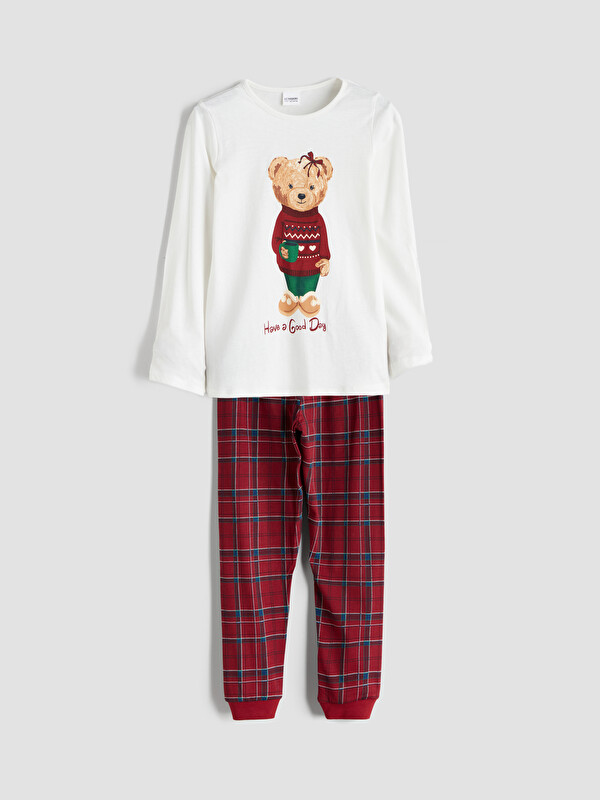 LCW Kids Teddy Bear Printed Girls' Pyjamas Set Family Combination