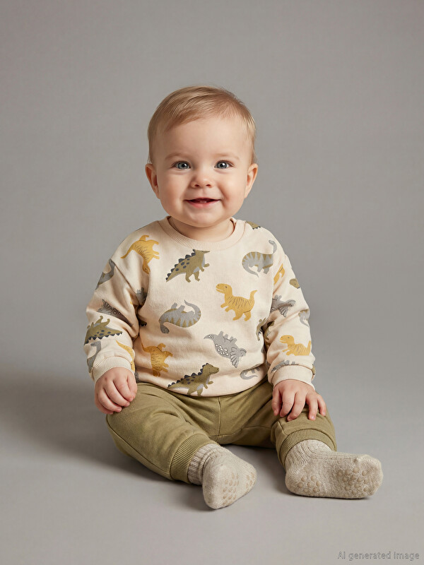 LCW baby Dinozor Baskılı Erkek Bebek Sweatshirt ve Eşofman Alt