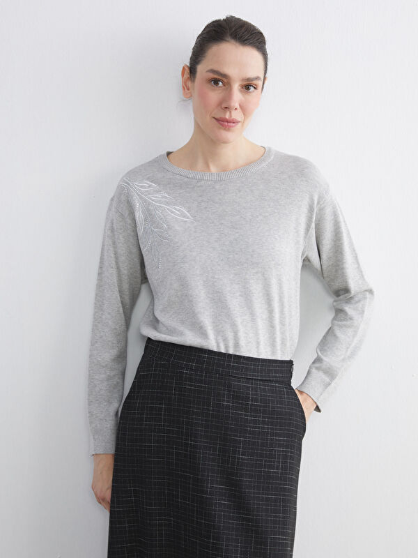 LCW Grace Rundhalsausschnitt Mit Strasssteinchen Verziert Für Damen Strickpullover