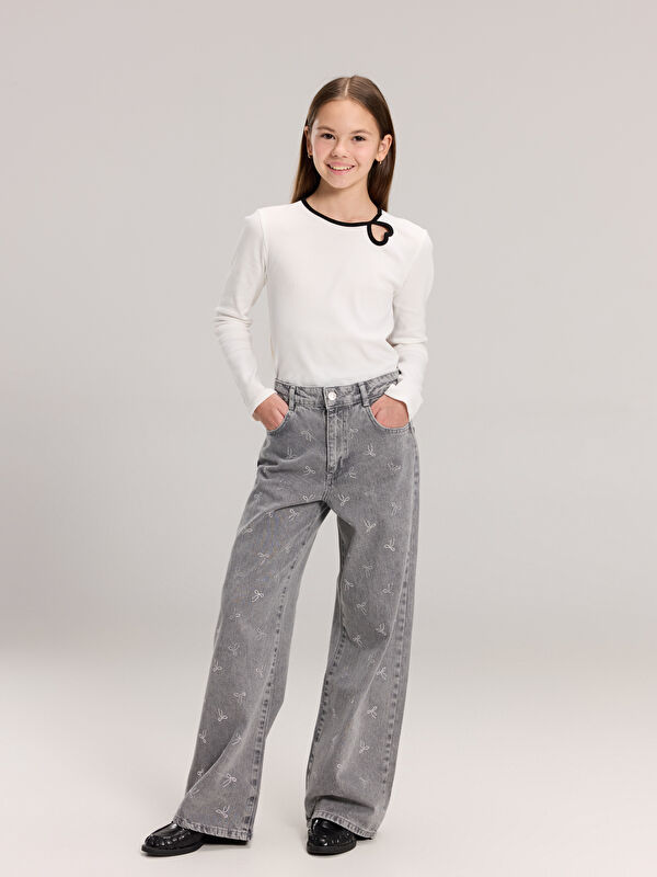 LCW Kids Wideleg Taşlı Kız Çocuk Jean Pantolon
