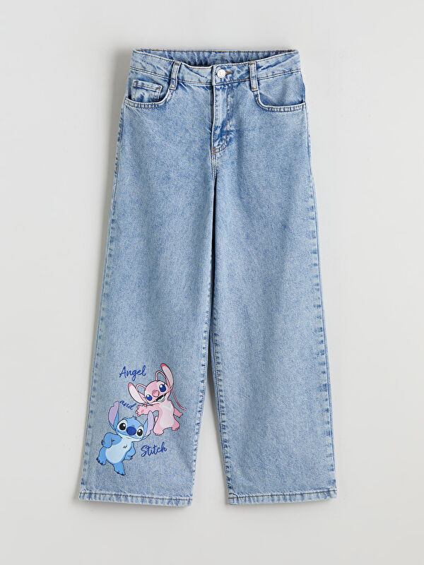 LCW Kids Wideleg Stitch ve Angel Baskılı Kız Çocuk Jean Pantolon