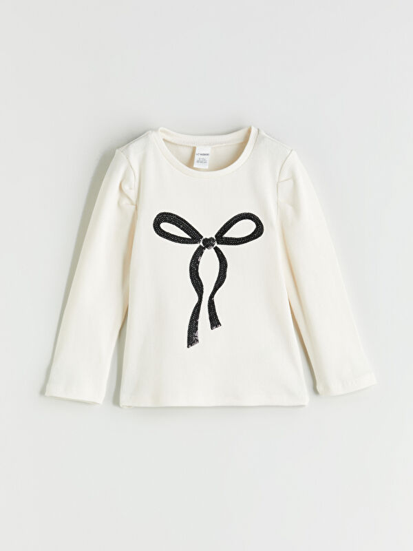 LCW Kids Crew Neck Bow Printed Girls' T-Shirt