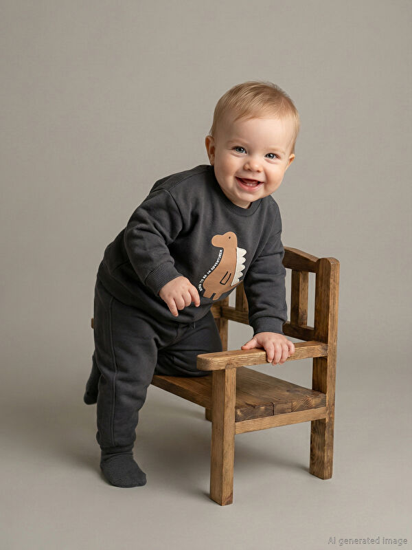 LCW baby Dinozor Baskılı Erkek Bebek Sweatshirt ve Eşofman Altı