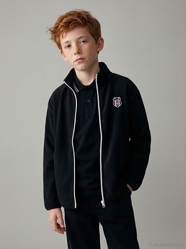 LCW Kids Dik Yaka Beşiktaş Nakışlı Polar Erkek Çocuk Hırka
