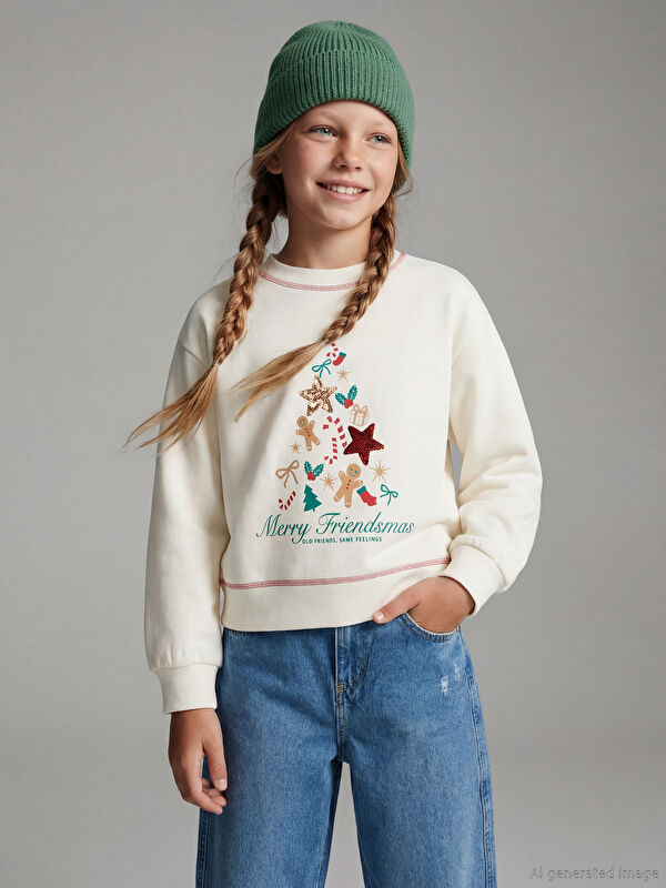 LCW Kids New Year Themed Girls' Thick Sweatshirt