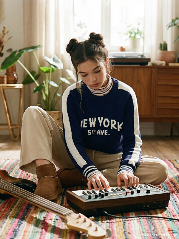 LCW Kids Bisiklet Yaka New York Desenli Kız Çocuk Triko Kazak
