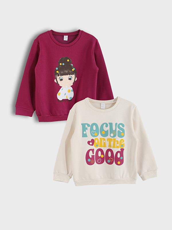 LCW Kids Crew Neck Printed Girls Sweatshirt 2 Pack