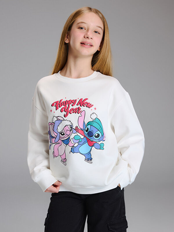 LCW Kids Stitch ve Angel Baskılı Kız Çocuk Kalın Sweatshirt
