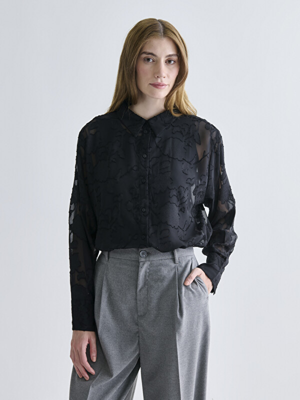 LCWAIKIKI Classic Women's Shirt with Floral Embroidery and Transparent Detail
