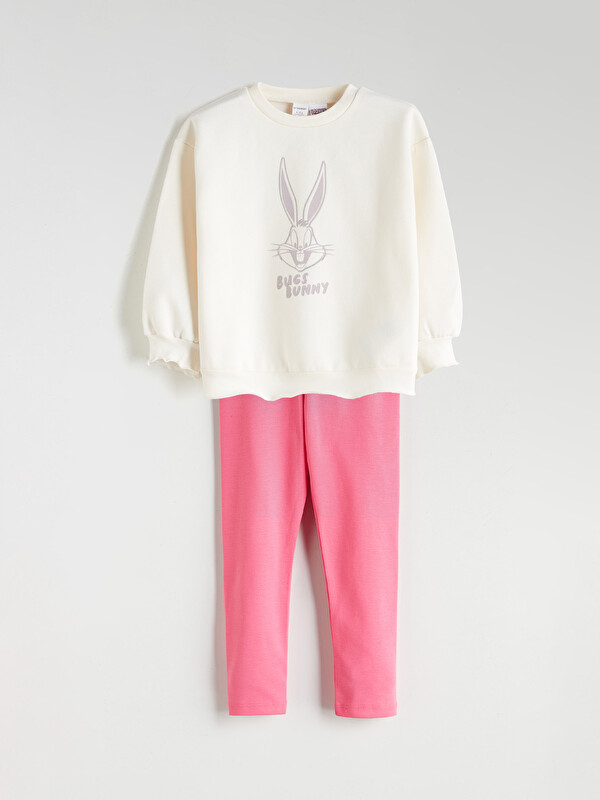 LCW Kids Crew Neck Bugs Bunny Printed Girls' Sweatshirt and Tights
